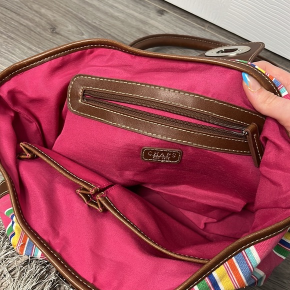 CHAPS FABRIC COLORFUL STRIPED PURSE WITH BROWN LEATHER - Picture 5 of 5